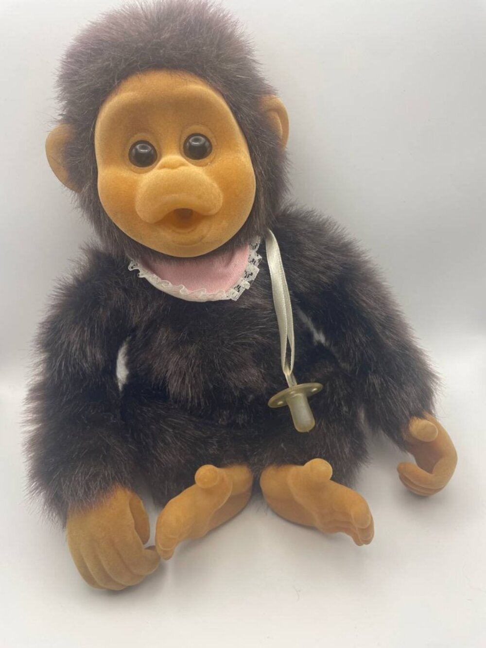 Hosung Baby Monkey Chimp Plush w/ Bib Pacifier Flocked Face 12” Vintage squeeks